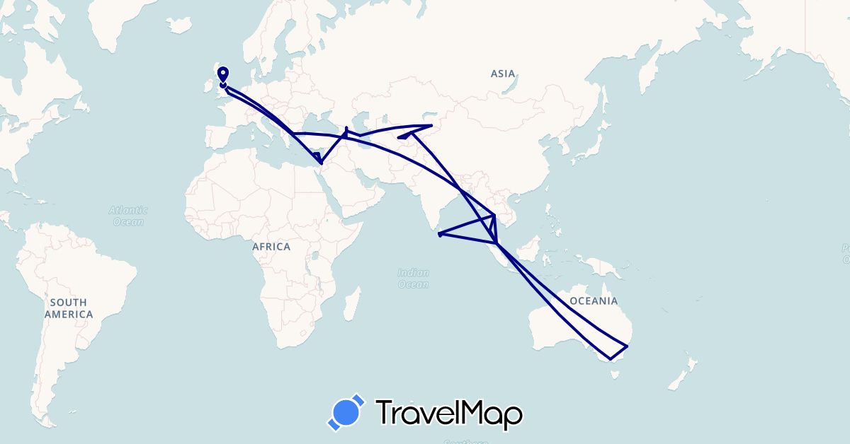 TravelMap itinerary: driving in Armenia, Australia, Azerbaijan, Cyprus, United Kingdom, Georgia, Greece, Israel, Kazakhstan, Sri Lanka, Malaysia, Thailand, Turkey, Uzbekistan (Asia, Europe, Oceania)